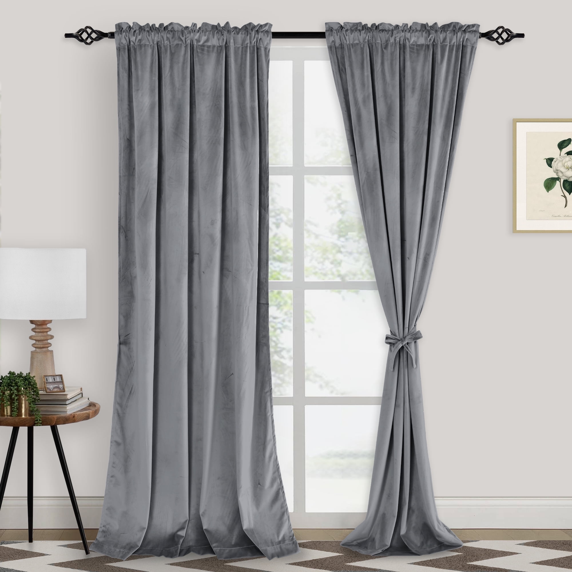 XWZO Gray Velvet Room Darkening Curtains 96 inches for Sliding Door, Blackout Thermal Insulated Solid Soft Curtains for Bedroom Living Room Rod Pocket 2 Panels Window Drapes with Tiebacks, 52W x 96L